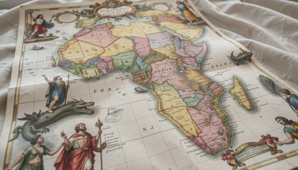 Synthetic illustration: Detail of an ornate antique map of Africa with sea monsters and allegorical figures resting on linen.
