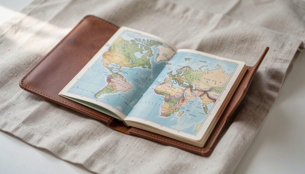 Synthetic illustration: A small leather-bound pocket atlas open to a folded hand-colored map on a linen cloth.