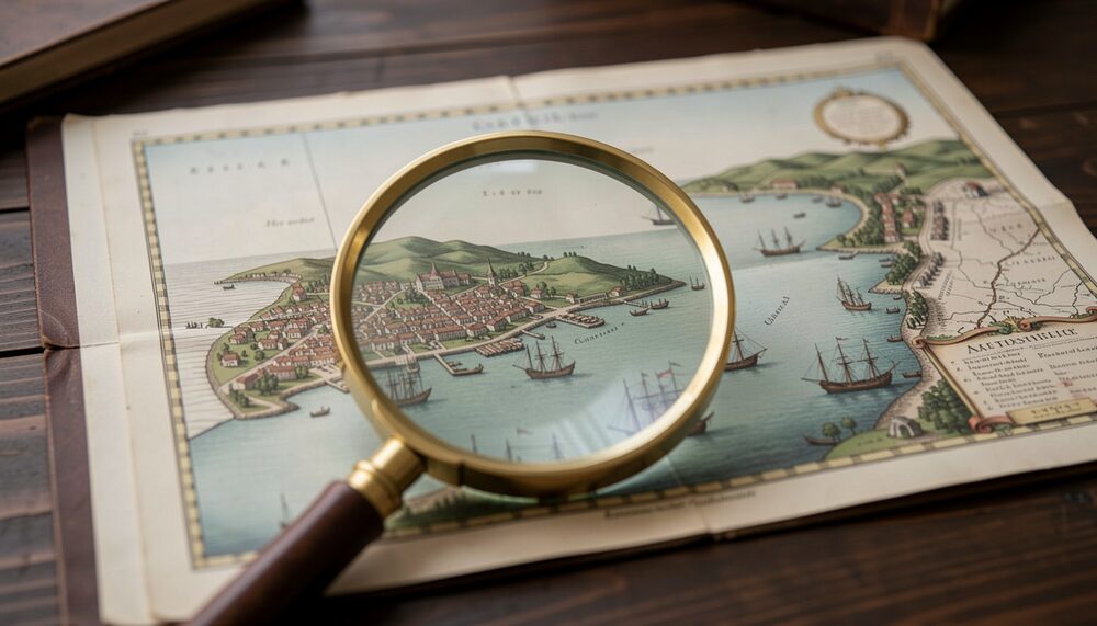 Synthetic illustration: An 18th-century map of a coastal town with harbor and islands viewed under a magnifier on dark wood.
