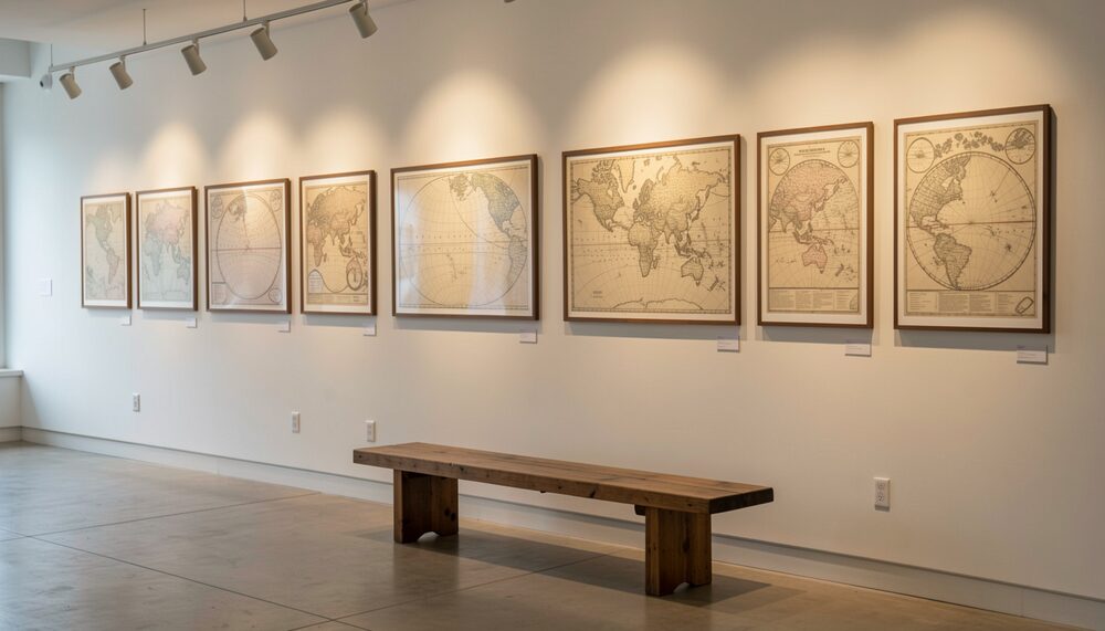 Synthetic illustration: A quiet gallery wall lined with framed antique maps under warm spotlights with a wooden bench in front.