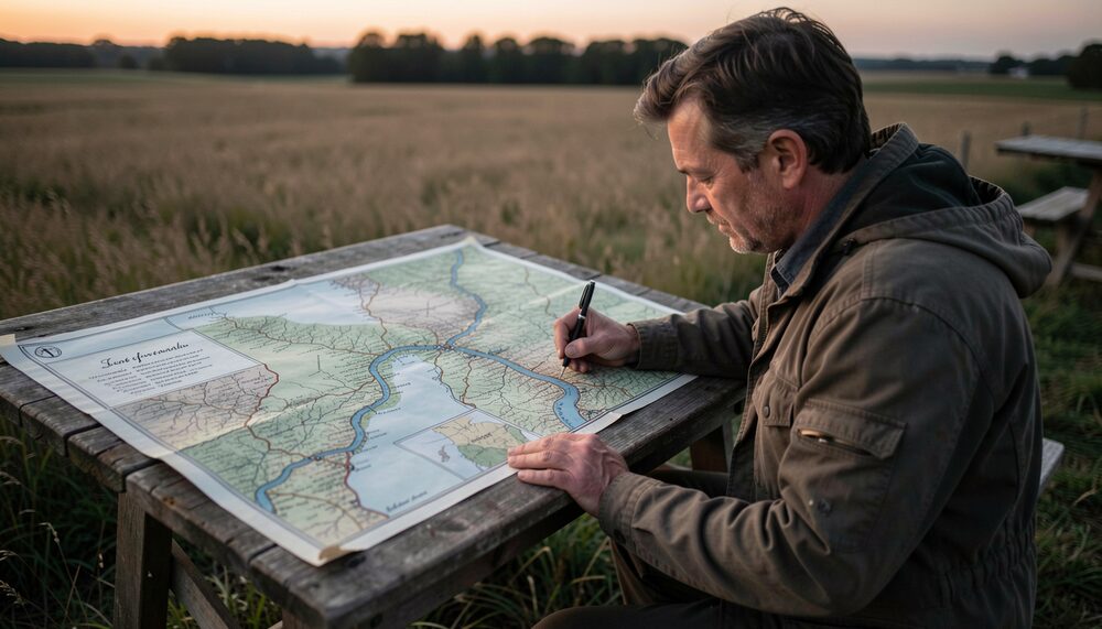 Synthetic illustration: A surveyor tracing a river route on a large manuscript map spread over a field table at dusk.