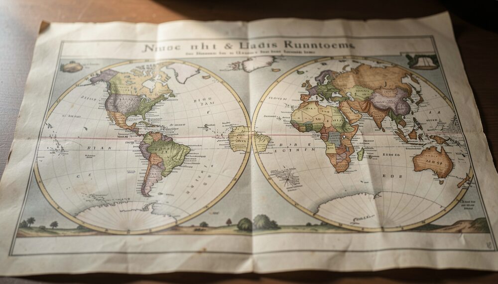 Synthetic illustration: An early printed world map in two hemispheres centered on vellum with soft shadows on parchment.