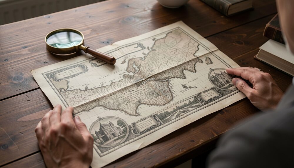 Synthetic illustration: A conservator's hands gently holding open a large antique engraved map on a dark oak table beside a magnifying glass.