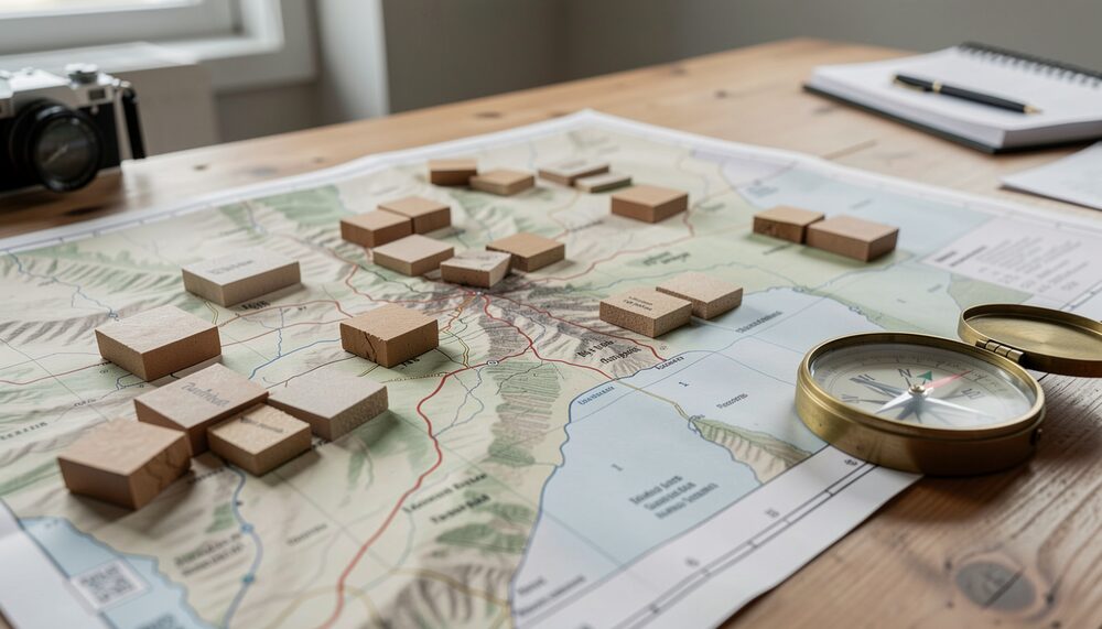 Synthetic illustration: A large mining district map with claim blocks spread on a worktable beside a brass compass.
