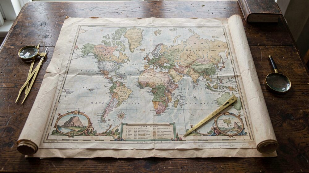 Synthetic illustration: A large antique engraved world map unrolled across an oak reading table, brass dividers and a magnifying glass beside it