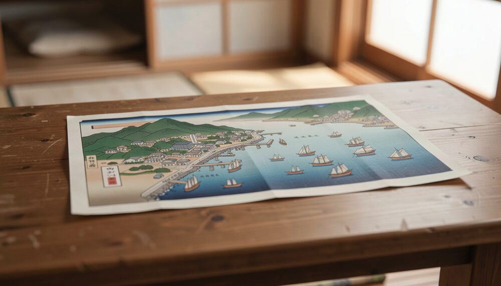 Synthetic illustration: A Japanese woodblock map of a harbor with tiny ships laid flat on a low wooden table.