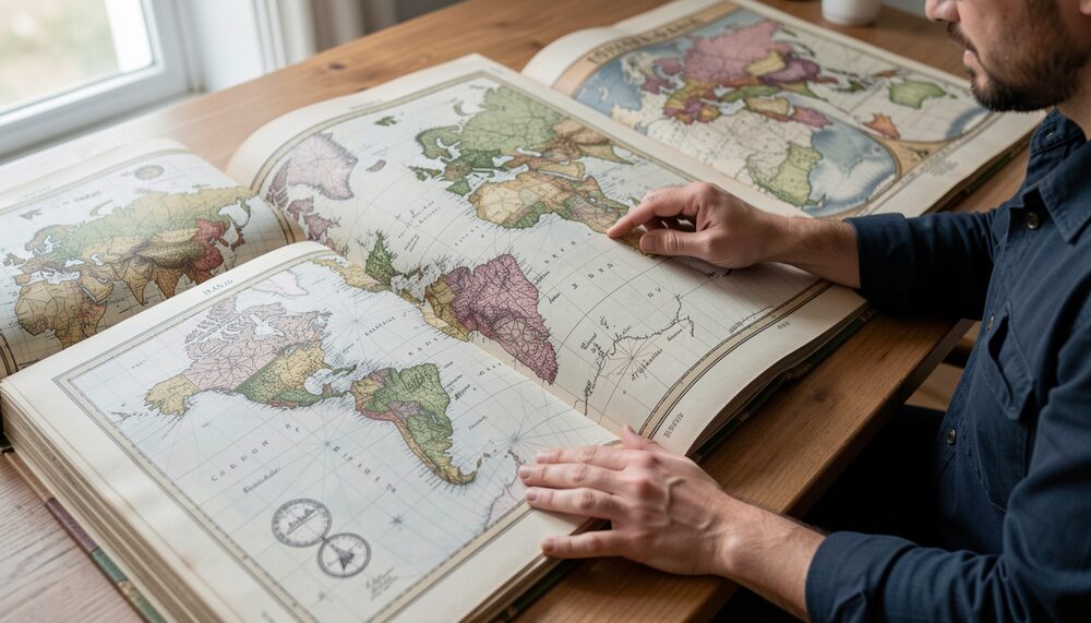 Synthetic illustration: Rolled antique maps and bound atlases on wooden shelves in a reading room