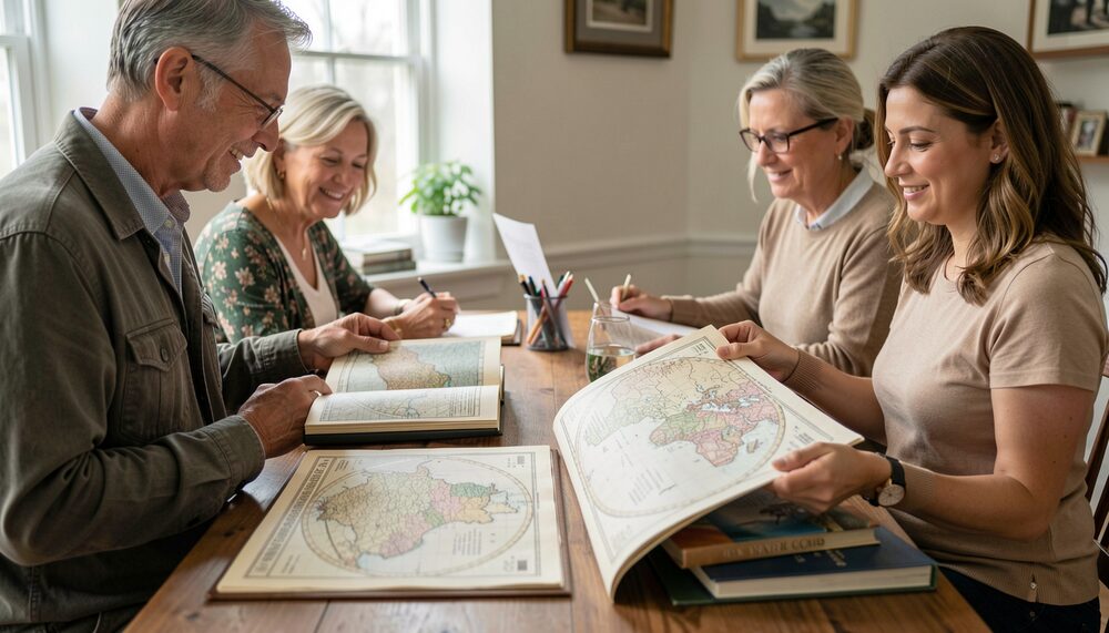 Synthetic illustration: A hand-colored engraved map detail with compass rose, laid on linen