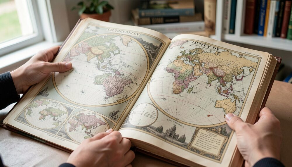 Synthetic illustration: A conservator examining an old map under a magnifying glass at a worktable