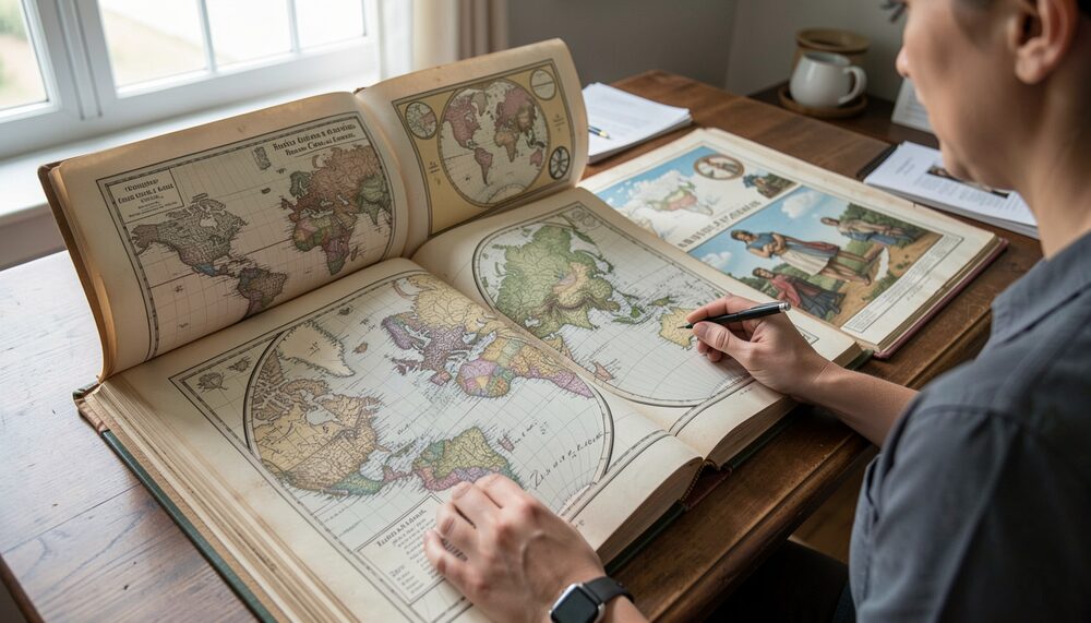 Synthetic illustration: Framed antique maps hung on a gallery wall under warm light