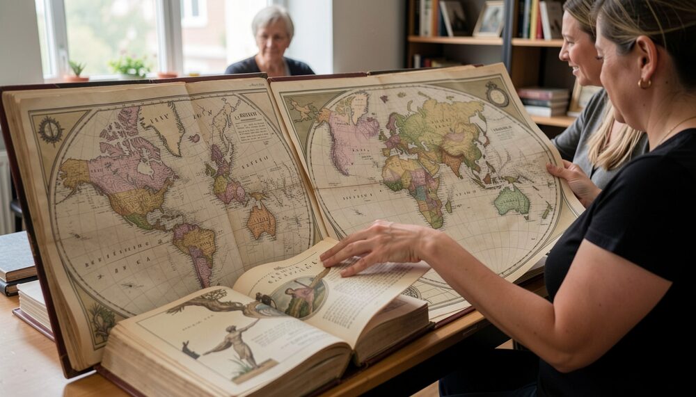 Synthetic illustration: A folded pocket atlas open to a hand-colored map, beside a brass compass