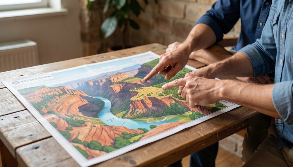 Synthetic illustration: A colorful pictorial tourist map of a canyon landscape spread on a table with a couple pointing.