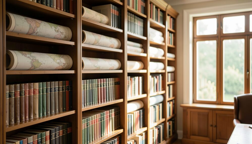 Synthetic illustration: Tall wooden library shelves filled with rolled maps and bound atlases in a sunlit reading room.