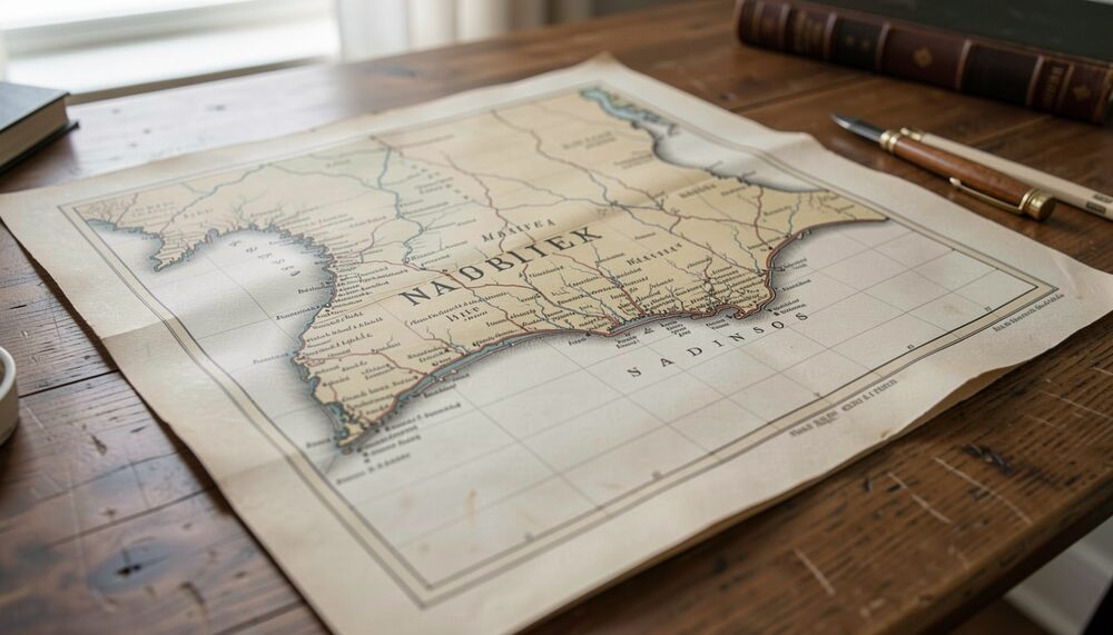Synthetic illustration: A Revolutionary-era engraved map of New England with coastlines and towns laid on a wooden desk.