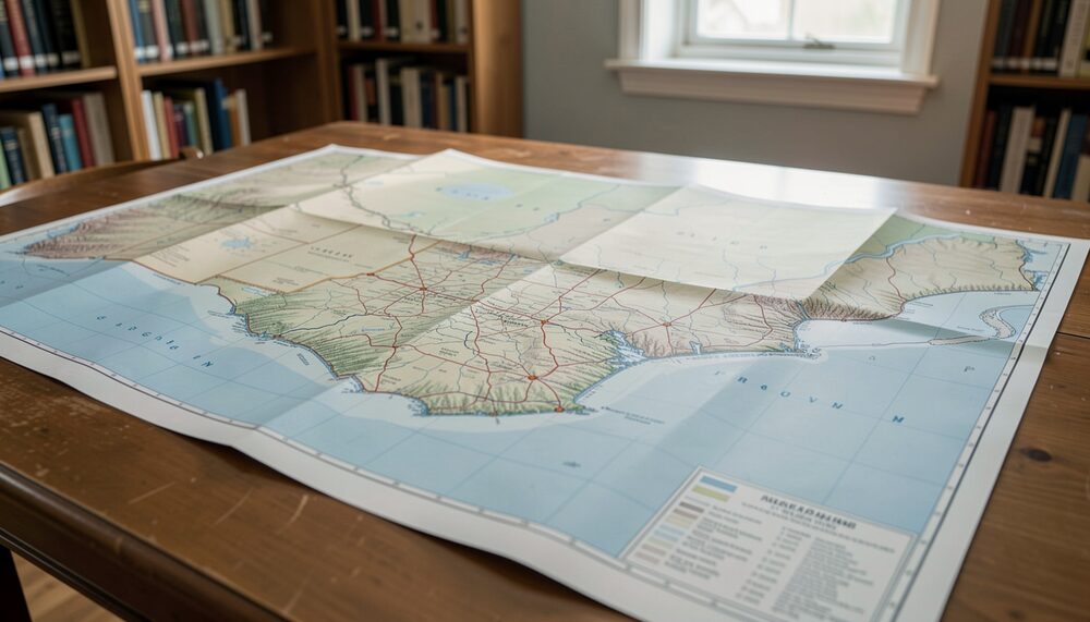 Synthetic illustration: A wide sectional land map of the Pacific Northwest unrolled across a library table under soft light.