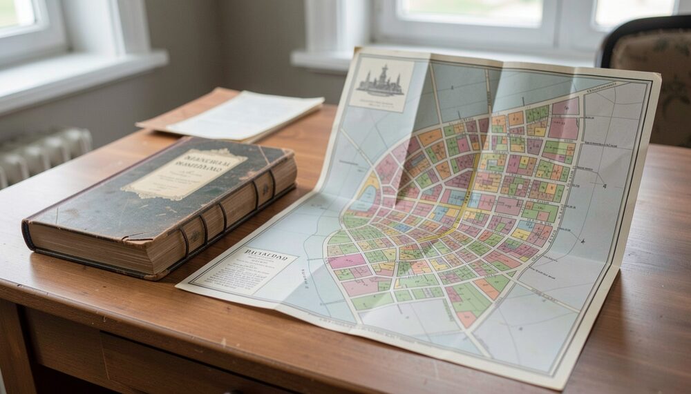 Synthetic illustration: A 19th-century municipal handbook with a large folding city map opened beside it on a desk.